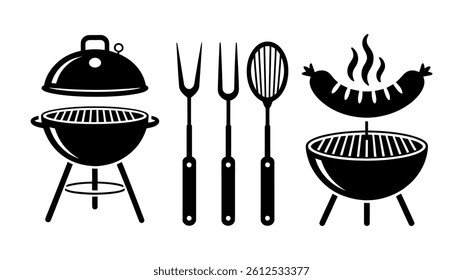 Charcoal Grill and Grilling Accessories: An illustrative depiction of a charcoal grill and various grilling accessories, offering a versatile scene for culinary themes, outdoor events.
