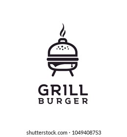 Charcoal Grill Kettle with melted cheese Burger Bun for Grilled Hamburger Restaurant Bar Cafe logo design 