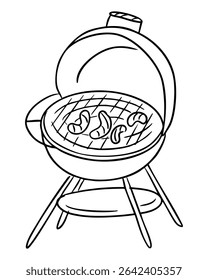 Charcoal grill with sausages on the grate, hand drawn in simple black outline. Concept represents summer barbecue, outdoor cooking and picnic leisure