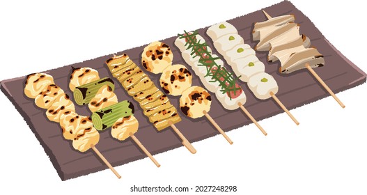 Charcoal grill yakitori skewers on black dish, Barbecue, Japanese food, Izakaya food.
