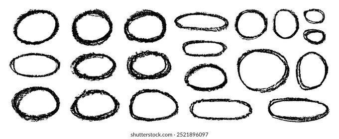 Charcoal grunge round frames set. Coal pencil sketches. Grunge frames collection. Charcoal pencil circles. Grungy round framings.