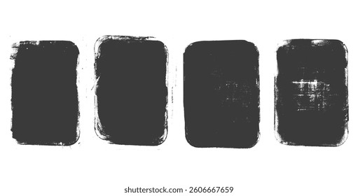 Charcoal grunge text boxes set. Callouts rectangles frames. Linocut rolled paint black tags. Vector handmade brayer stamp smudged texture. Rough paint decorative irregular border..