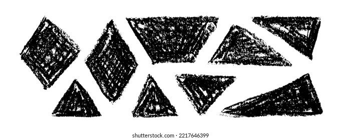 Charcoal grunge triangles set. Coal pencil sketches. Grunge triangular shapes collection. Charcoal pencil hatches and scribbles. Grungy backgrounds.