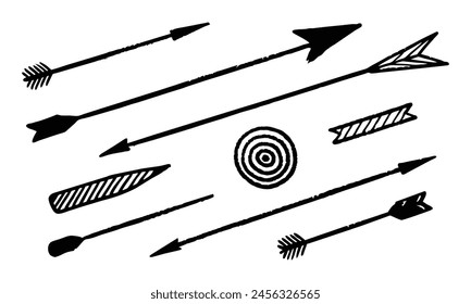 Flechas de lápiz dibujadas a mano de carbón. Doodle dardos de tiza curvados. Elementos de diseño de textura de líneas de garabato. Ilustración vectorial sobre fondo blanco.