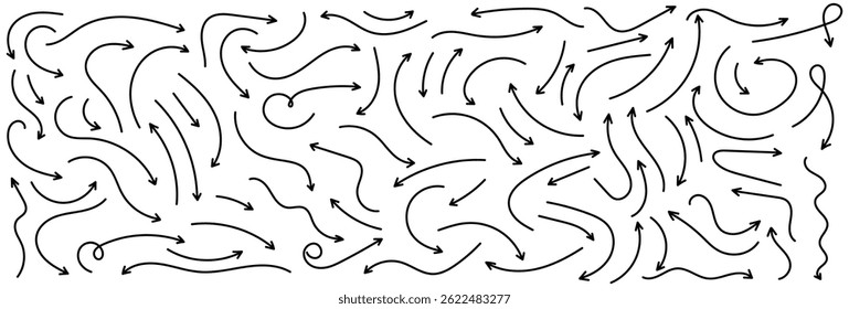 Charcoal hand drawn pencil arrows. Black doodle curved chalk arrows. Texture design elements of scribble lines arrows. Vector illustration of hand drawn doodle arrow on a white background. 