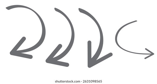 Charcoal hand drawn pencil arrows. Doodle curved chalk darts. Texture design elements of scribble lines. Vector illustration of hand painted crayon check lines.