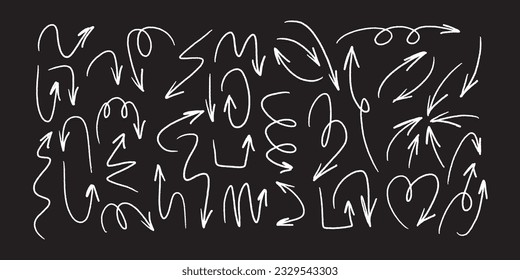 Charcoal hand drawn pencil emphasis arrows. Doodle curved chalk darts. Texture design elements of scribble lines. Vector illustration of hand painted crayon check lines.