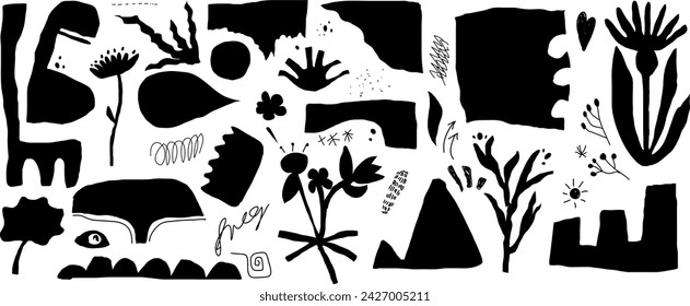 Charcoal hand drawn punk doodle. With abstract leaf. Y2k rock and punk icons for photo collage. Vector stroke illustration. 