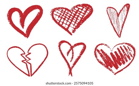 Charcoal hearts set. Pencil or charcoal drawings different love broken heart shape. Chalk drawn sketch for Valentines Day and romantic. Vector kit of textural crayon drawings of simple shapes.