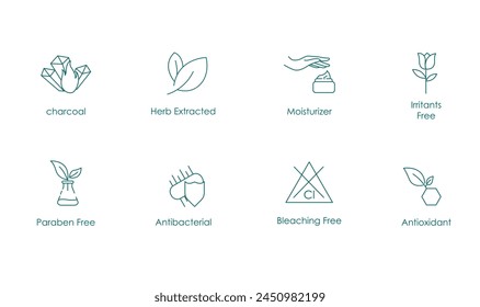 Charcoal, Herb Extracted, Moisturizer, Irritants Free, Paraben Free, Antibacterial, Bleaching Free, Antioxidant Vector Icons Set