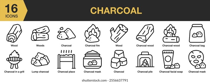 Charcoal icon set. Includes fire, wood, bag, pile, facial soap, mask, place, and More. Outline icons vector collection.