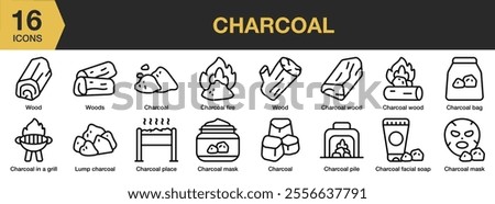 Charcoal icon set. Includes fire, wood, bag, pile, facial soap, mask, place, and More. Outline icons vector collection.