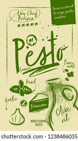 Charcoal Illustration Pesto Sauce and ingredients. Green Poster with lettering on paper background