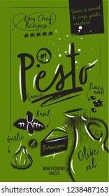 Charcoal Illustration Pesto Sauce and ingredients. Green Poster with lettering