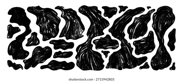 Charcoal ink blob spots pattern background. Irregular amoeba splotches and holstein cow motifs. Animal texture with black patches forms. Vector freeform liquid handmade pencil illustration.