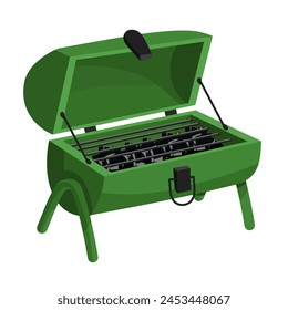 A charcoal iron outdoor grill with coals, creating an atmosphere of cooking. Perfect for barbecue-themed invitations, outdoor cooking. An insulated object on legs with an open top. Black coal