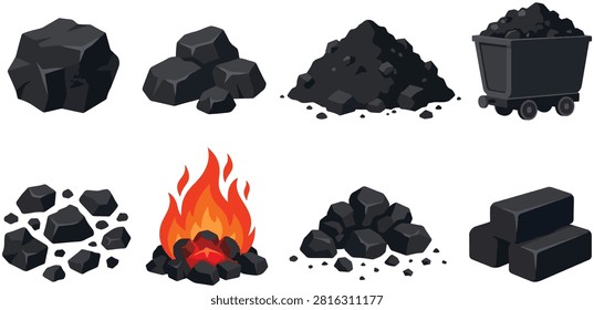 Charcoal and lump coal objects vector collection black carbon stone fuel pile cart campfire set energy industry graphics layout on white background, coal, charcoal, carbon, fuel, stone, rock, energy, pile