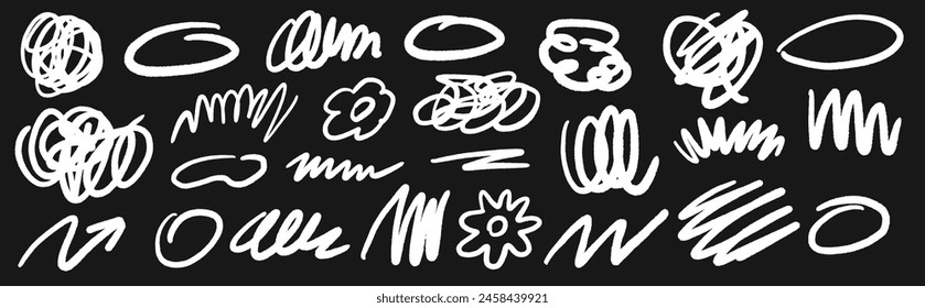 Charcoal marker doodle shapes collection. Hand drawn abstract scribbles and squiggles, creative various shapes. Scribbles, arrows, scrawls, flowers, curly lines.