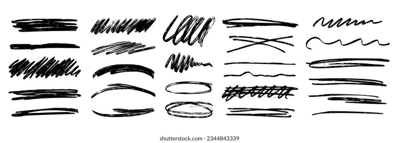 Charcoal marker grunge rough underline handrawn brushstrokes. Bold charcoal freehand stripes and paint shapes. Crayon or marker doodle scribbles. Vector illustration of horizontal emphasis, scrawl