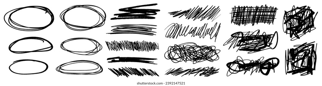 Charcoal marker grunge rough underline handrawn brushstrokes. Bold charcoal freehand stripes and paint shapes. Crayon or marker doodle scribbles. Vector illustration of horizontal emphasis, scrawl.