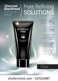 Charcoal Mask ads. Vector Illustration with Charcoal Blackhead Remover Mask tube.