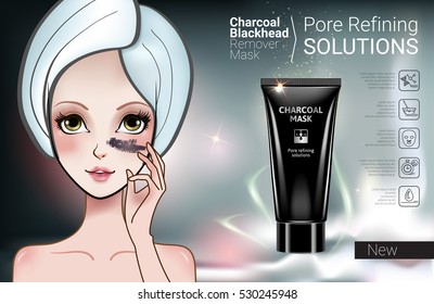 Charcoal Mask ads. Vector Illustration with Manga style girl and Charcoal Blackhead Remover Mask tube.