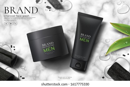 Charcoal men face wash ads on marble stone background in 3d illustration, flat lay style