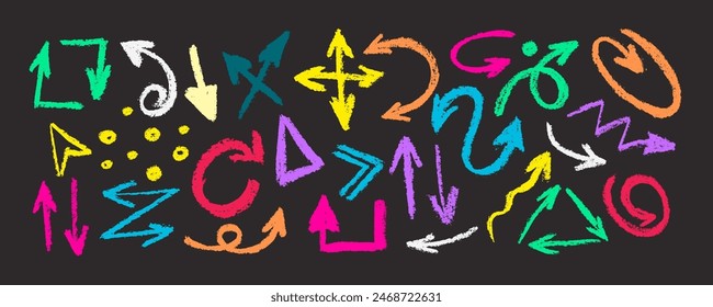 Charcoal multicolored arrows vector icons set. Hand drawn freehand different curved lines, swirls arrows. Doodle marker drawing, chalk smears. Direction pointers. Scribbles and scrawls.