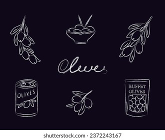 Charcoal olives set isolated on a dark blue background, Canned olives, buffet olives, olive branches, and olives on a plate. 