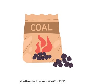 Charcoal in paper bag. Pack of BBQ coal pieces for fire and cooking with barbecue grill. Barbeque carbons package. Colored flat vector illustration isolated on white background