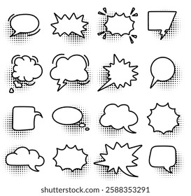 Charcoal pen line speech bubbles with halftone shadow. Various talk and dialog balloon shapes. Vector chalk graphic elements