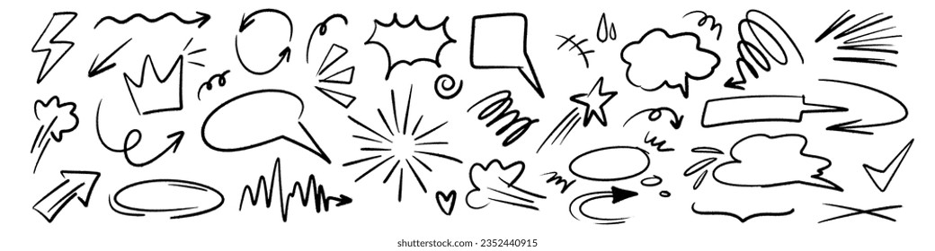 Charcoal pen liner doodle elements, crown, emphasis arrow, speech bubble, scribble. Handdrawn cute cartoon pencil sketches of decorative icons. Vector illustration of cloud, explosion, sunburst