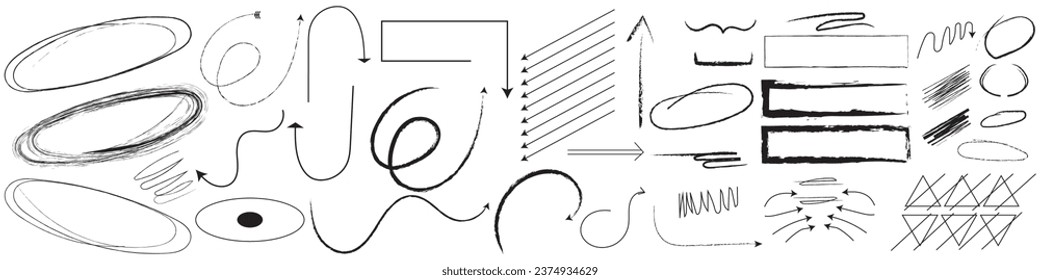 Charcoal pen liner doodle elements, crown, emphasis arrow, speech bubble, scribble. Set of cute pen line doodle element vector. Vector illustration of fire, highlight, explosio