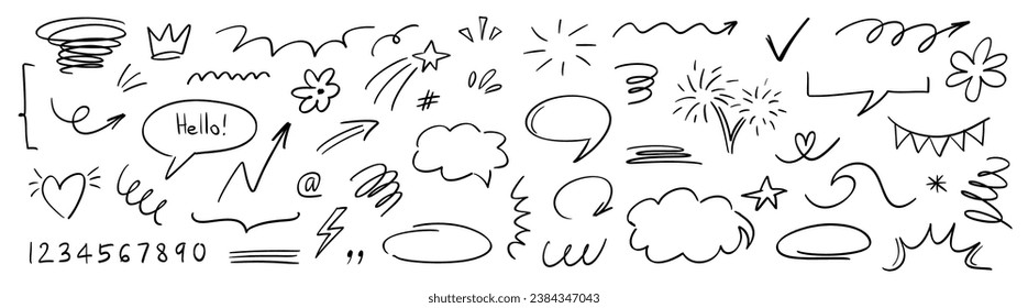 Charcoal pen liner doodle elements, crown, emphasis arrow, speech bubble, scribble. Handdrawn cute cartoon pencil sketches of decorative icons. Vector illustration of cloud, highlight, explosion