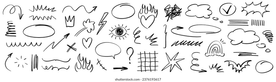 Elementos de textura de doodle de la pluma de carbón vegetal, corona, flecha de énfasis, burbuja de habla, garabato. Dibujando dibujos a mano adorables dibujos a lápiz de dibujos animados de iconos decorativos. Ilustración vectorial del fuego, resaltado