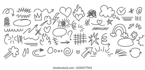 Charcoal pen liner doodle texture elements, crown, emphasis arrow, speech bubble, scribble. Handdrawn cute cartoon pencil sketches of decorative icons