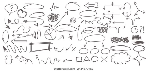 Charcoal pen liner doodle texture elements, crown, emphasis arrow, speech bubble, scribble. Handdrawn cute cartoon pencil sketches of decorative icons