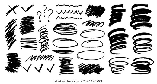 Charcoal pencil bold curvy lines, underlines, squiggles, scribbles, emphasis and round lines. Vector illustration of textured scrawl doodles by crayon pen. Hand drawn grunge messy scratchy freehand