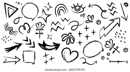 Charcoal pencil or crayons scribble doodles and decorative design elements black and white vector. Collection of hand drawn colorful charcoal doodle shapes .Hand drawn scribble abstract shapes