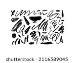 Charcoal pencil curly lines and squiggles. Scribble brush strokes vector set. Hand drawn marker scribbles. Black pencil sketches. Brush stroke lines, squiggles, daubs isolated on white background.