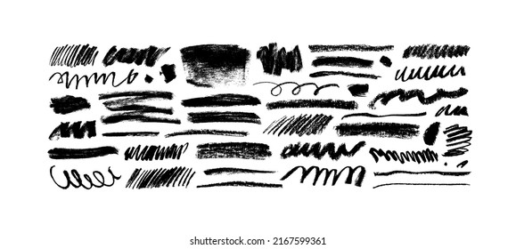 Charcoal pencil curly lines and squiggles, wide strokes. Scribble black strokes vector set. Hand drawn marker scribbles. Black pencil sketches, drawings. Scrawl elements isolated on white background