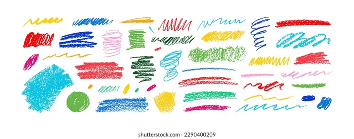 Charcoal pencil curly lines, squiggles and shapes. Grunge pen scribbles collection. Hand drawn vector pencil lines and doodles. Bright color charcoal or chalk drawing. Rough crayon strokes.
