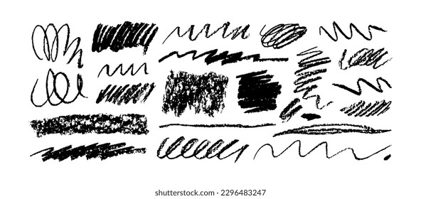 Charcoal pencil curly lines and squiggles. Scribble brush strokes vector set. Hand drawn charcoal waves, swirls and rough shapes. Dry black pencil or graphite drawing. Black crayon doodles.