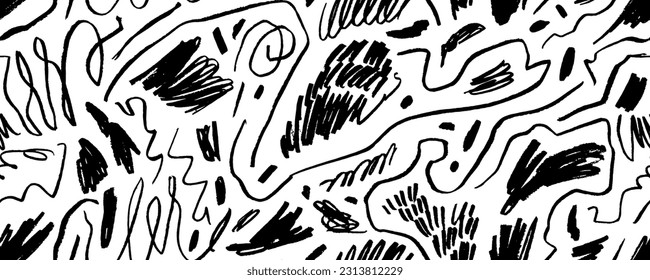 Charcoal pencil curly lines and squiggles seamless pattern. Scribble brush strokes ornament. Hand drawn marker scribbles. Black pencil sketches. Brush stroke lines, squiggles, daubs.