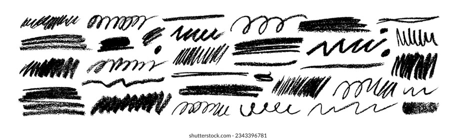 Charcoal pencil curly lines, squiggles and smears. Vector hand drawn ink design elements. Charcoal and crayon marks, various lines and dots. Swirls, squiggles and scribbles. Doodle pencil strokes.