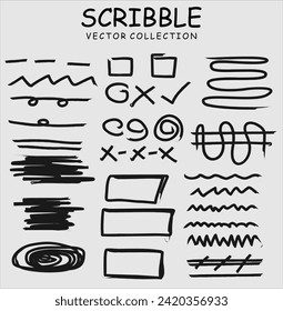 Charcoal pencil curly lines and squiggles. Scribble brush strokes vector set. Hand drawn marker scribbles. Black pencil sketches. Brush stroke lines, squiggles, daubs isolated.