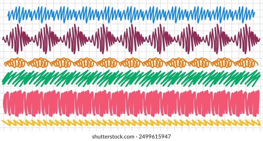 Charcoal pencil curly lines and squiggles. Scribble brush strokes vector set. Hand drawn marker scribbles. Black pencil sketches. Brush stroke lines, squiggles, daubs isolated.