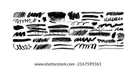 Charcoal pencil curly lines and squiggles, wide strokes. Scribble black strokes vector set. Hand drawn marker scribbles. Black pencil sketches, drawings. Scrawl elements isolated on white background