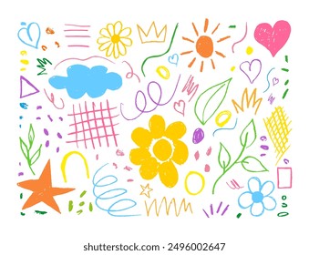 Charcoal Pencil Flowers for Kids in Vibrant Colors. Collection of Doodle Chalk Hand Drawn Squiggles. Vector Elements, Cloud, Sun, Flower, Leaves, Plants, Strokes, Scribbles, heart, petal, crown, leaf.