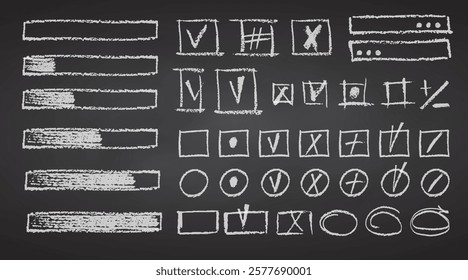 Charcoal pencil hand drawing check box with marks v x plus shape. White elements on chalkboard Grunge chalk crayon scribbles doodles textures loading rectangle Rough crayon strokes Vector illustration